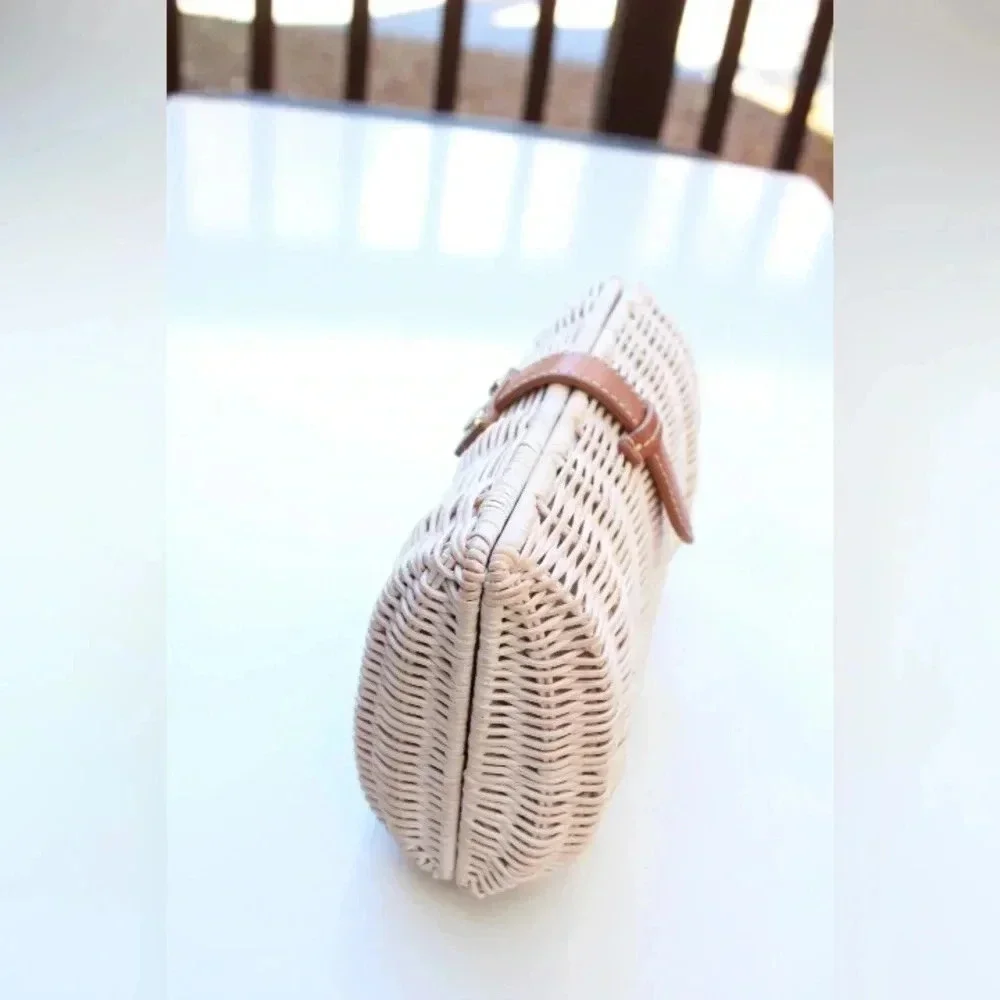 J. McLaughlin Cream Wicker Clutch with Tan Leather Strap